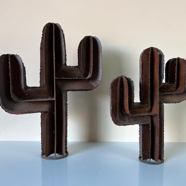 Vintage Handmade Torch Cut Steel Metal Brutalist Saguaro Cactus Sculptures - a Pair 