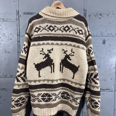 Vintage 70s Cowichan Knit sweater Reindeer handmade in canada hand knit chunky heavy 