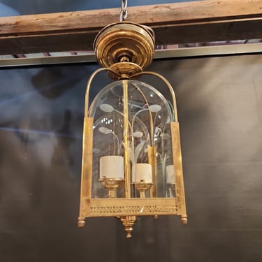 Solid Brass 1940s Vintage Semi-Flush Mount Lantern with Etched Glass