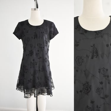 1990s Black Sheer Flocked Floral Mini Dress 