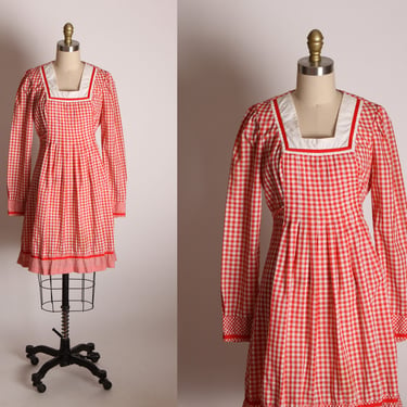 Late 1960s Early 1970s Red and White Gingham Prairie Cottagecore Square Neck Ruffle Hem Mini Dress -S 