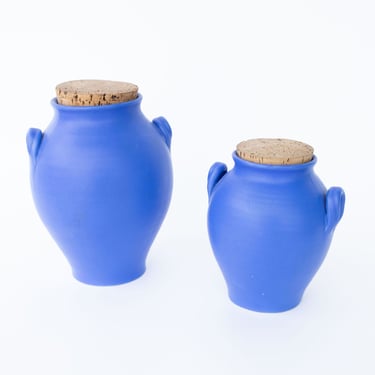 NEW - Two Bright Blue Ceramic Canisters with Handles and Cork Tops - Made in Greece 