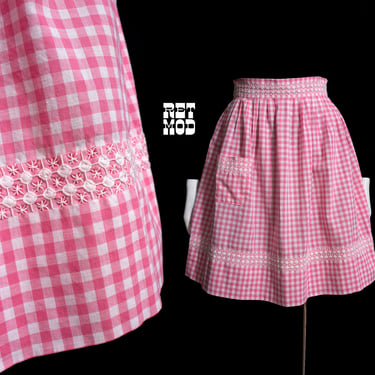 Sweet Vintage 50s 60s Pink White Gingham Plaid Cotton Half Apron with Embroidery & Pocket 
