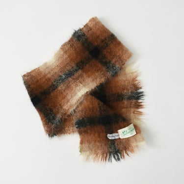 vintage 60s mohair wool scarf, rust brown plaid 