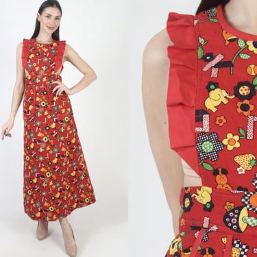 Quilted Pinafore Dress, Old Fashioned Apron, Red Cat Print, Long Prairie Sundress With Pockets 