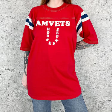 70's Vintage AMVETS Horseshoes Striped Jersey Style Tee Shirt T-Shirt 