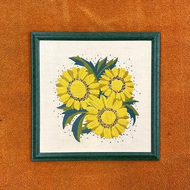 Vintage Floral Crewel 1980s Retro Size 23x23 Bohemian + Sunflowers + Embroidery + Homemade + Fiber Art + Home and Wall Decor + Flower Decor 