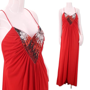 70s red jersey disco dress L, vintage 1970s Lilli Diamond Studio 54 gown 14, Qiana fluid dress glam 