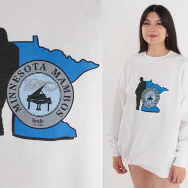 Minnesota Mambos Sweatshirt 90s Music Sweater Piano Club Graphic Shirt Pullover Crewneck MN BMFC Raglan Sleeve White Vintage 1990s 2xl xxl 