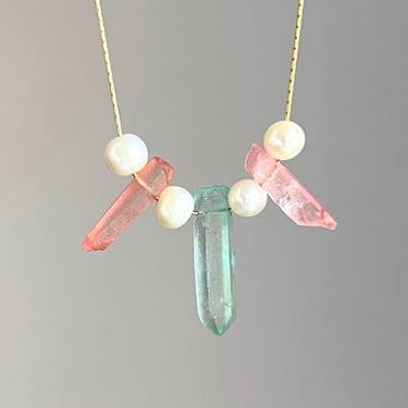 Pink and Blue Crystal and Pearl Beaded Chain Necklace 