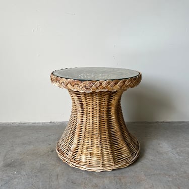 Vintage Wicker Works Braided Rattan Round Side Table W/ Glass Top 