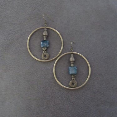 Bronze hoop earrings, bohemian blue stone earrings 