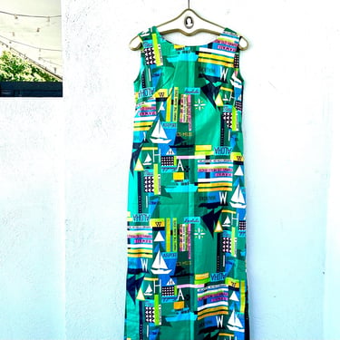 Vintage 60s Hawaiian Pop Art Dress 1960s Hawaii Aloha Maui Kauai Graphic Muumuu Outrigger Nautical Cruise Wear 