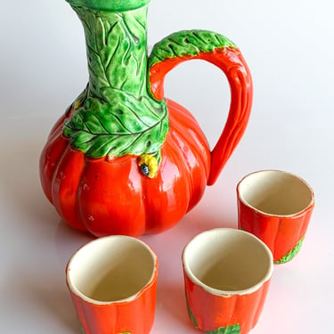 Vintage Ceramic Tomato Shaped Sake Pitcher and 3 Glasses