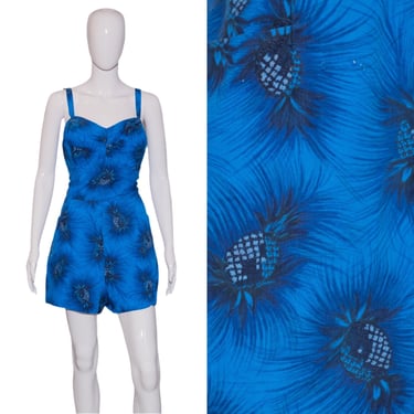 1960's Blue Cotton Hawaiian Print Romper - Size XXL