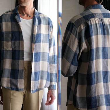 Vintage 80s Giorgio Armani Le Collezioni Indigo Buffalo Plaid Linen Shirt | Made in Italy | 100% Linen | 1980s Armani Designer Shirt 