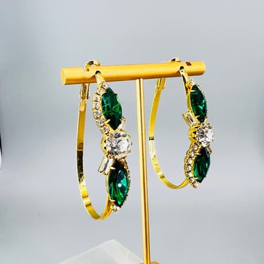 Vintage Omega Crystal Emerald Hoop Earrings 
