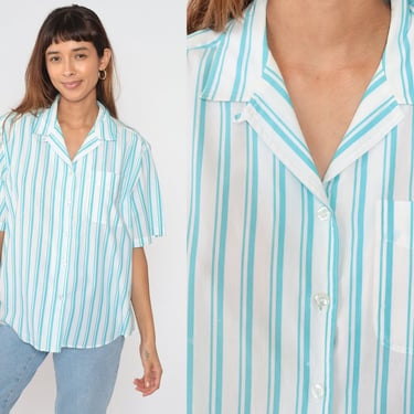 Blue Striped Blouse 90s Button up Shirt White Vertical Stripes Collared Top Retro Preppy Short Sleeve Casual Summer Vintage 1990s Large L 