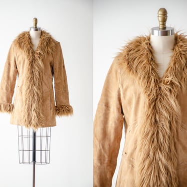 tan leather jacket | y2k 70s style vintage Almost Famous brown beige faux fur hippie boho suede coat 