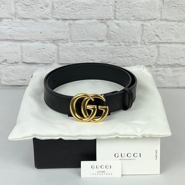 GG Marmont Leather Belt with Antique Gold buckle, Black, Size 85