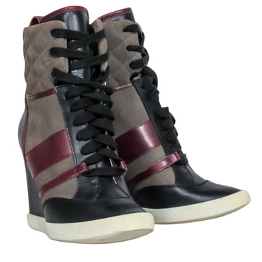 Chloe - Green, Maroon & Black Leather & Quilted Suede Wedge Sneaker Size 8.5