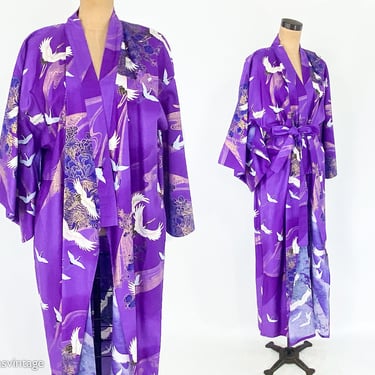 1950s Purple Cranes Print Kimono | 50s Purple & Gold Embossed Robe | Made in Japan 