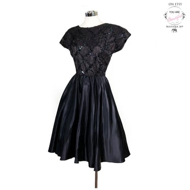 VTG Black Evening Party Dress 1950's style Fit & Flare Full Skirt Petticoat, Satin, Lace, Vintage 1970's Prom Gown, Tea Length Dress Medium 