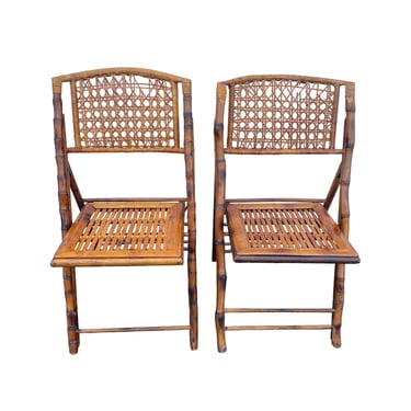 Set of 2 Vintage Bamboo Folding Chairs Project with Rattan Cane Backs - Hollywood Regency Coastal Palm Beach Patio Furniture 