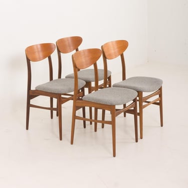 Danish mid century modern teak chairs in grey wool fabric, set of 4, 1960s 