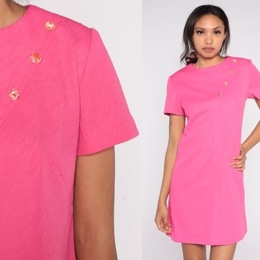 Mod Mini Dress Bright Pink Dress 60s Shift Asymmetrical Button Short Sleeve Textured Dress 1960s Gogo Vintage Twiggy Plain 70s Medium Large 
