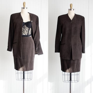 Emanuel Ungaro suit 90s vintage brown chenille mini skirt suit 