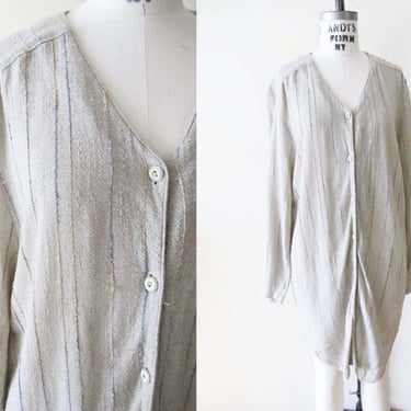 90s Beige Cotton Sheath Dress - 1990s Neutral Minimalist Textured Button Front Long Sleeve Stripe Linen Blend Dress - Beach Cover Up 