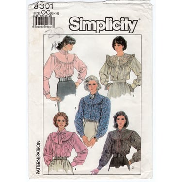Vintage 1987 Simplicity Sewing Pattern 8301, Misses' Loose Fitting Long-Sleeve Blouse, Sizes 12 - 18, 80s Modest - Prairie - Cottagecore 