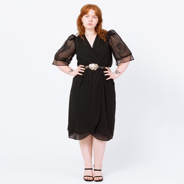 Vintage 70s Black Lace Puff Sleeve Midi Dress - Medium | Ursula Of Switzerland Retro Gothic Fit & Flare Party Dress 