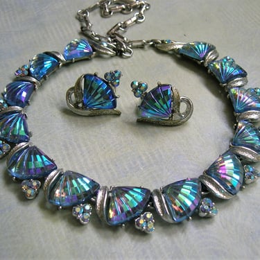 Vintage Coro Molded Glass Fan Necklace and Earring Set, Coro Carnival Glass Demi-Parure, Coro Costume Jewelry (#4251) 