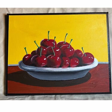 Pop Art still life painting on canvas of a bowl of cherries, by Robert Box, 11 x 14 