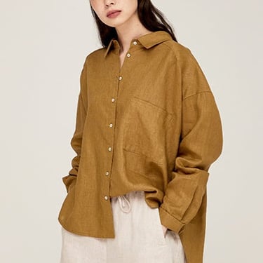 Grade & Gather - Oversized Linen Shirt - Brown/Olive
