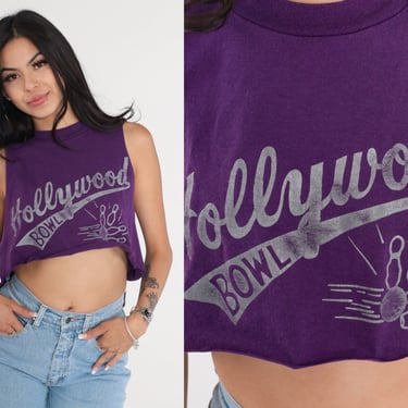 Hollywood Bowl Tank Top 90s Los Angeles Shirt Graphic Cropped Cutoff Sleeveless Muscle Tee Purple 1990s Vintage Screen Stars Small Medium 
