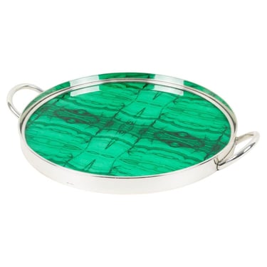 Italian Modernist Silver Plate and Malachite-like Serving Tray, 1970s