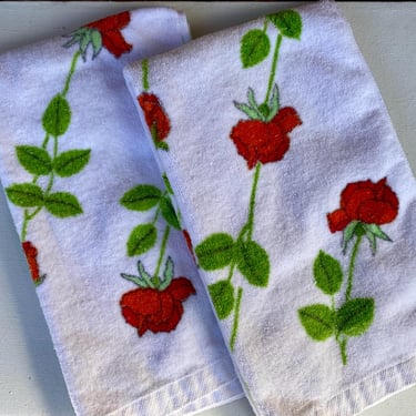 Vintage 70's Wamsutta Dior Rose Hand Towels, Christian Dior Roses Design, Orange And Red, Small Bathroom Towels, 