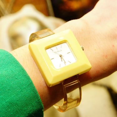Vintage Retro Mod Furla Cuff Wristwatch, Square Beige Plastic Case, Reflective Dial, Manual Watch, Chunky Funky Accessories, 6 1/2