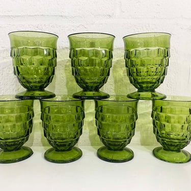 Vintage Green Glasses Set of 7 Indiana Glass Whitehall Pattern Dark Green Avocado Cocktail 1960s 60s Wine Short Goblet Barware MCM 