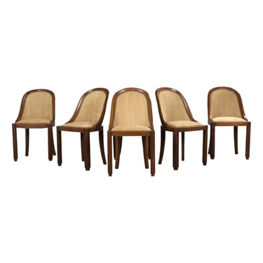 1930s French Art Deco Gondola Walnut Dining Chairs W/ Bronze Chenille - Set of 6 