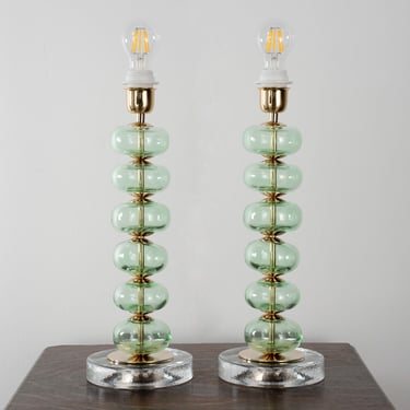 Set of 2 Murano glass table lamp, green color spheres with pure clear glass base, height 45 cm handmade Made in Italy 