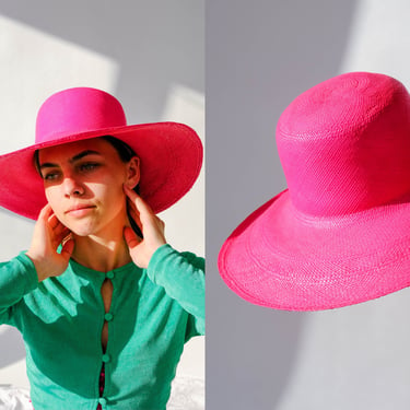 Vintage 80s Miss Bierner Hot Pink Straw Wide Brim Sun Hat | Made in USA | Beach, Summer, Resort | 1980s Designer Bohemian Pink Wide Brim Hat 