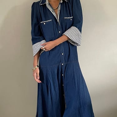 90s drop waist denim dress / vintage cotton blue denim chambray collared button front ticker stripe midi shirt prairie dress duster | Large 