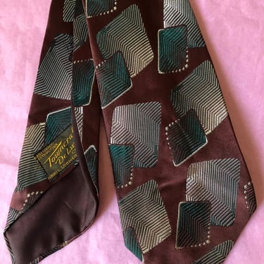 20's Mens Necktie Suit Tie, Art Deco, 1920's, 1930's Brown Abstract Silk Tie, Teal, Towncraft Deluxe, Bow tie Clothing Antique Vintage 