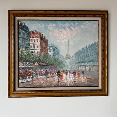 Vintage Caroline Burnett  Parisian Street Scene Oil on Canvas Painting, Framed 