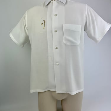 1950's Rayon Shirt - Sandy Mac Donald Label - Summer Weight Fabric - White with an Embroidery Crest Detail - Men's Size Medium 