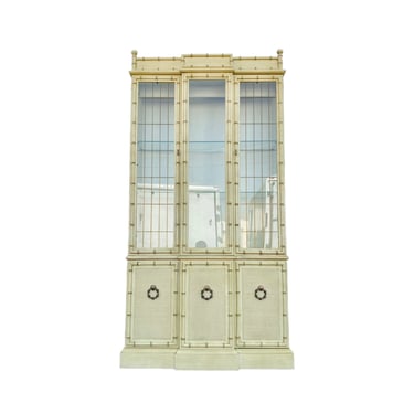 Faux Bamboo China Cabinet - Vintage Lighted Glass Display Hutch - Hollywood Regency Coastal Illuminated Furniture 